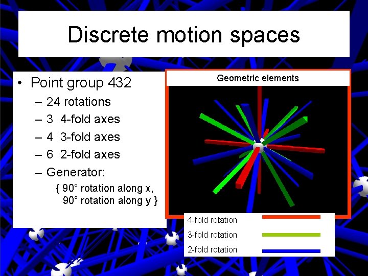 Discrete motion spaces • Point group 432 – – – Geometric elements 24 rotations Discrete motion spaces • Point group 432 – – – Geometric elements 24 rotations