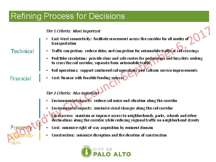 Refining Process for Decisions Tier 1 Criteria: Most Important • East-West connectivity: facilitate movement