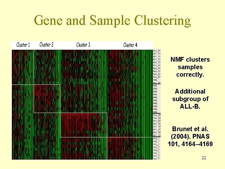 Gene and Sample Clustering NMF clusters samples correctly. Additional subgroup of ALL-B. Brunet et