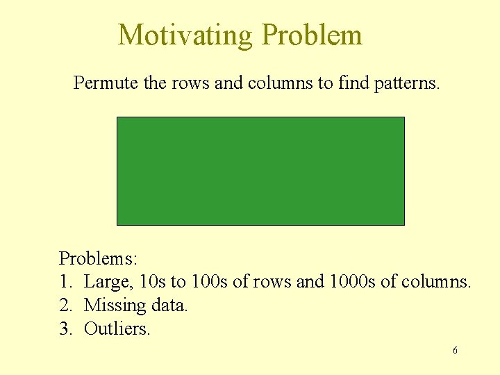 Motivating Problem Permute the rows and columns to find patterns. Problems: 1. Large, 10