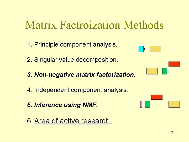 Matrix Factroization Methods 1. Principle component analysis. 2. Singular value decomposition. 3. Non-negative matrix