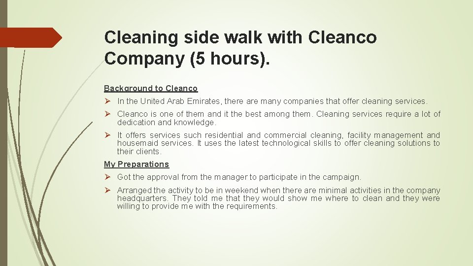 Cleaning side walk with Cleanco Company (5 hours). Background to Cleanco Ø In the