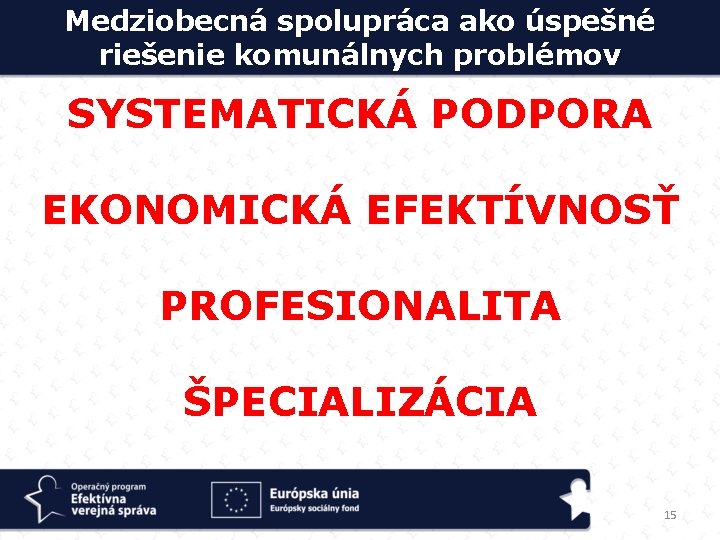 Medziobecná spolupráca ako úspešné riešenie komunálnych problémov SYSTEMATICKÁ PODPORA EKONOMICKÁ EFEKTÍVNOSŤ PROFESIONALITA ŠPECIALIZÁCIA 15