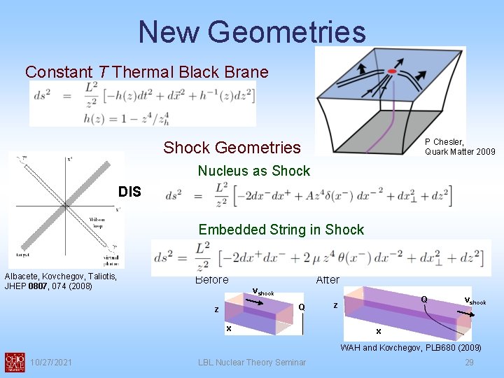 New Geometries Constant T Thermal Black Brane P Chesler, Quark Matter 2009 Shock Geometries