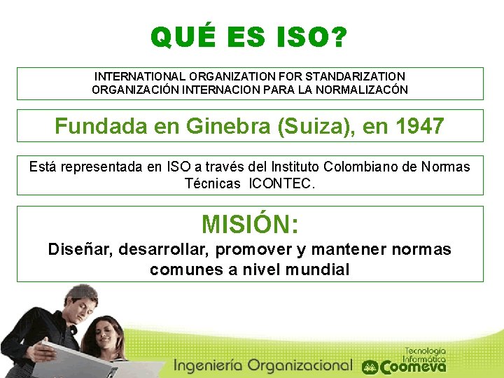 QUÉ ES ISO? INTERNATIONAL ORGANIZATION FOR STANDARIZATION ORGANIZACIÓN INTERNACION PARA LA NORMALIZACÓN Fundada en