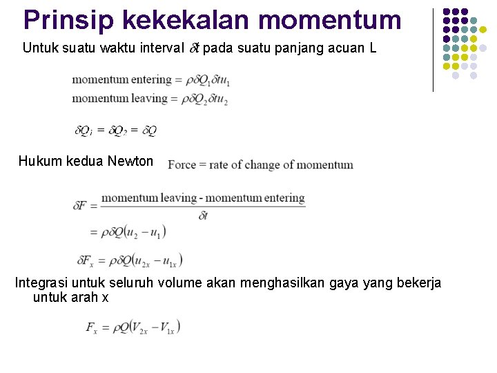 Prinsip kekekalan momentum Untuk suatu waktu interval dt pada suatu panjang acuan L Hukum