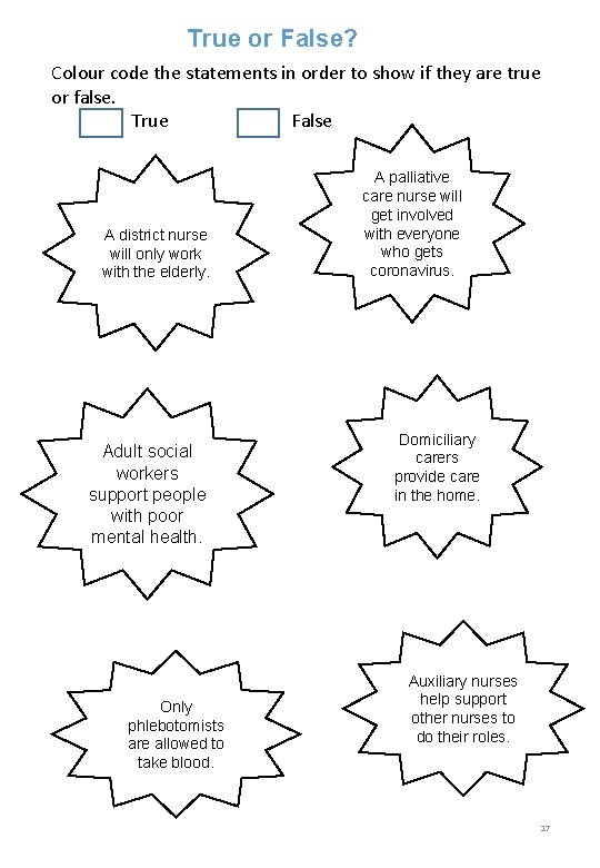 True or False? Colour code the statements in order to show if they are