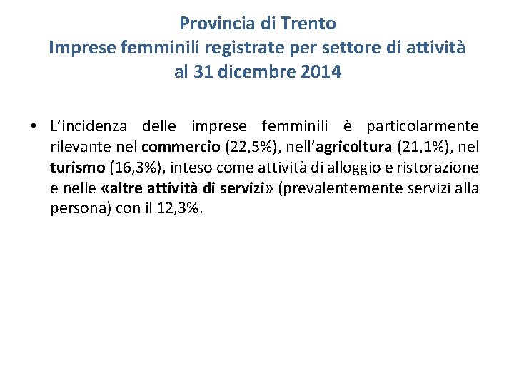 Provincia di Trento Imprese femminili registrate per settore di attività al 31 dicembre 2014