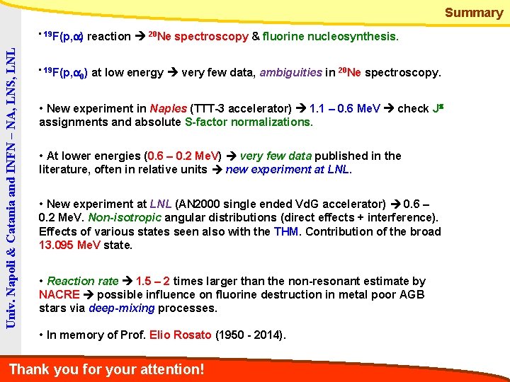 Summary Univ. Napoli & Catania and INFN – NA, LNS, LNL • 19 F(p,