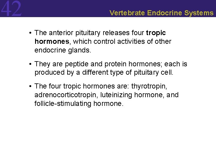 42 Vertebrate Endocrine Systems • The anterior pituitary releases four tropic hormones, which control