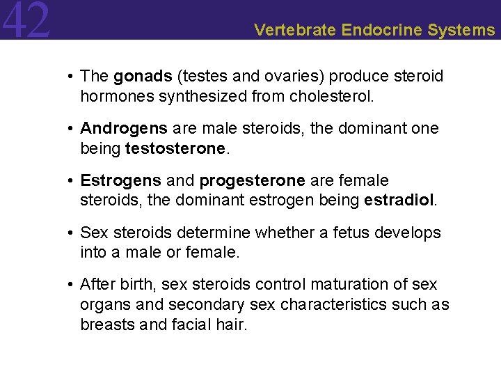 42 Vertebrate Endocrine Systems • The gonads (testes and ovaries) produce steroid hormones synthesized