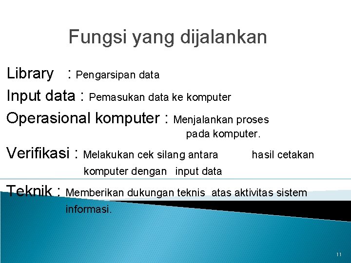 Fungsi yang dijalankan Library : Pengarsipan data Input data : Pemasukan data ke komputer