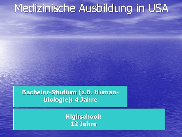 Medizinische Ausbildung in USA Bachelor-Studium (z. B. Humanbiologie): 4 Jahre Highschool: 12 Jahre 