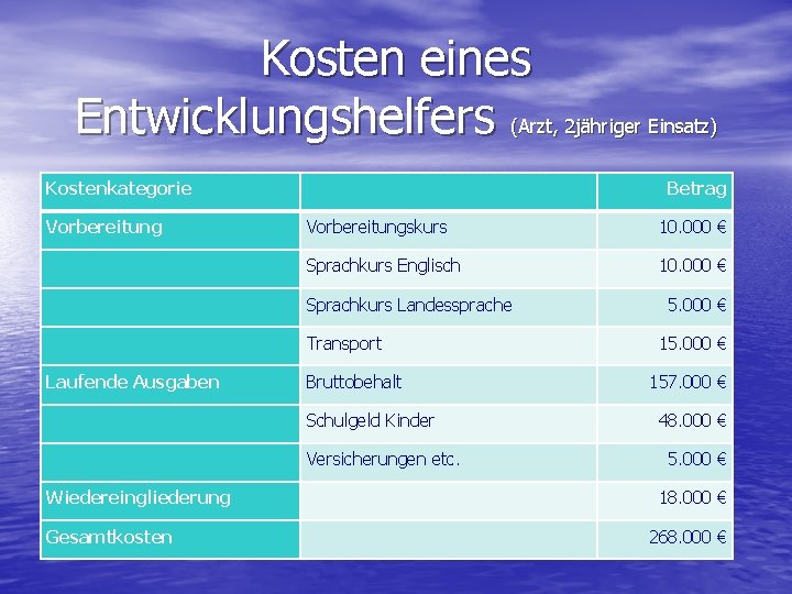 Kosten eines Entwicklungshelfers (Arzt, 2 jähriger Einsatz) Kostenkategorie Vorbereitung Betrag Vorbereitungskurs 10. 000 €