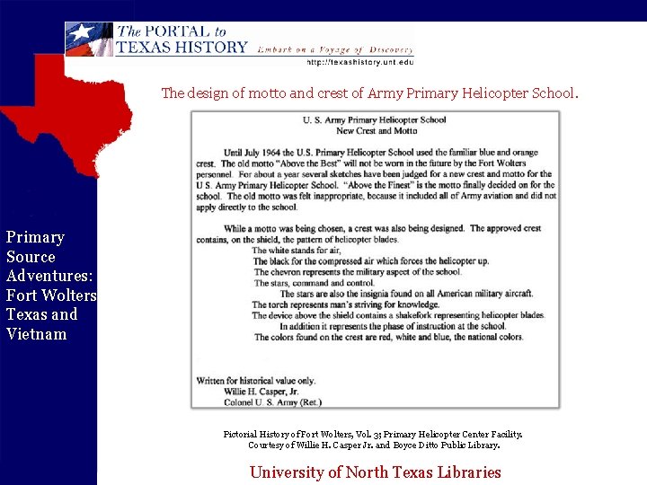 The design of motto and crest of Army Primary Helicopter School. Primary Source Adventures: