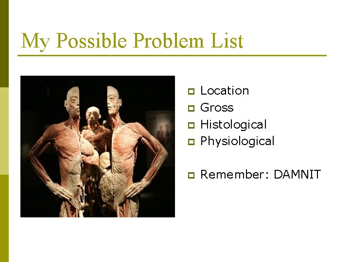 My Possible Problem List p Location Gross Histological Physiological p Remember: DAMNIT p p My Possible Problem List p Location Gross Histological Physiological p Remember: DAMNIT p p