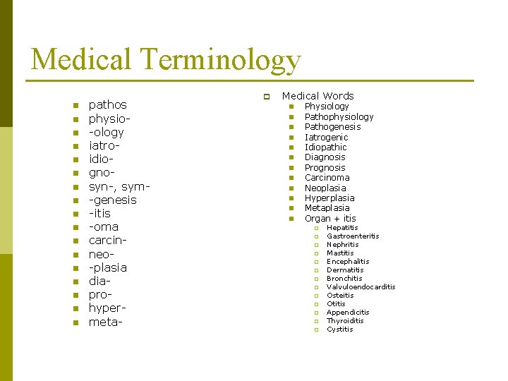 Medical Terminology n n n n n pathos physio-ology iatroidiognosyn-, sym-genesis -itis -oma carcinneo-plasia Medical Terminology n n n n n pathos physio-ology iatroidiognosyn-, sym-genesis -itis -oma carcinneo-plasia