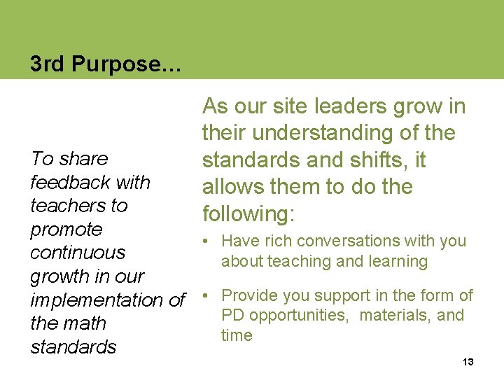 3 rd Purpose… As our site leaders grow in their understanding of the standards