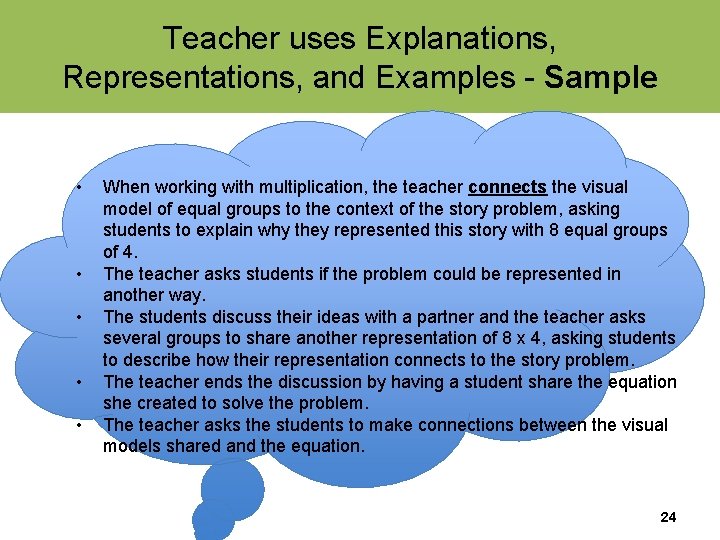 Teacher uses Explanations, Representations, and Examples - Sample • • • When working with