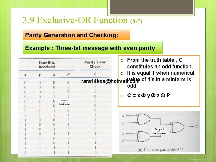 3. 9 Exclusive-OR Function (8 -7) Parity Generation and Checking: Example : Three-bit message