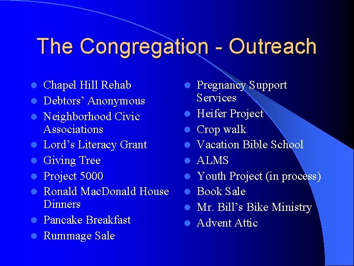 The Congregation - Outreach l l l l l Chapel Hill Rehab Debtors’ Anonymous