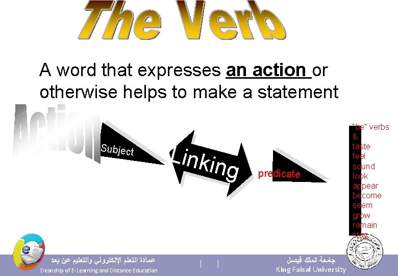 A word that expresses an action or otherwise helps to make a statement Subject