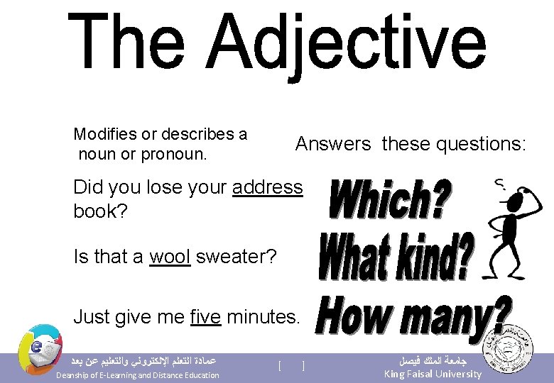 Modifies or describes a noun or pronoun. Answers these questions: Did you lose your