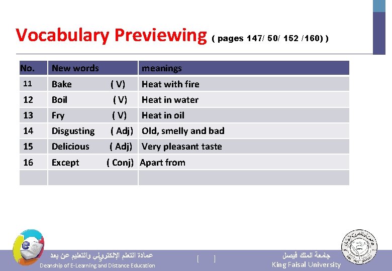 Vocabulary Previewing ( pages 147/ 50/ 152 /160) ) No. New words meanings 11