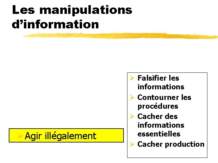 Les manipulations d’information Ø Agir illégalement Ø Falsifier les informations Ø Contourner les procédures