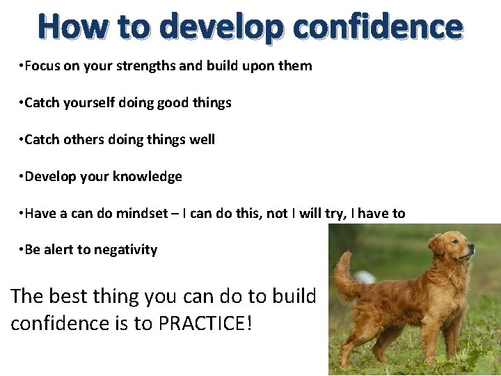 How to develop confidence • Focus on your strengths and build upon them •