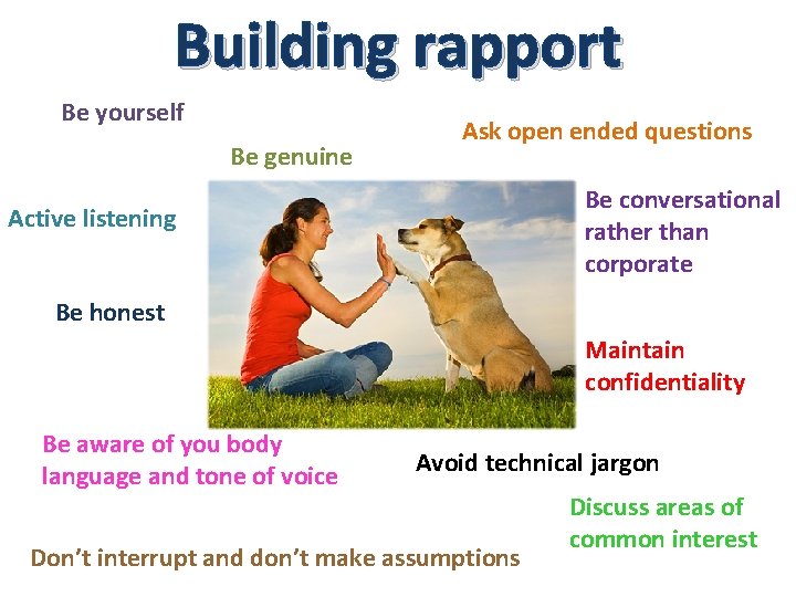 Building rapport Be yourself Be genuine Ask open ended questions Active listening Show empathy