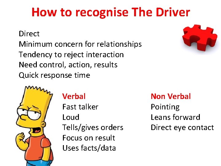 How to recognise The Driver Direct Minimum concern for relationships Tendency to reject interaction