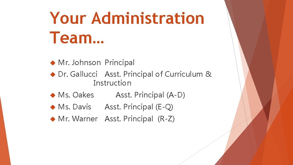 Your Administration Team… Mr. Johnson Principal Dr. Gallucci Asst. Principal of Curriculum & Instruction