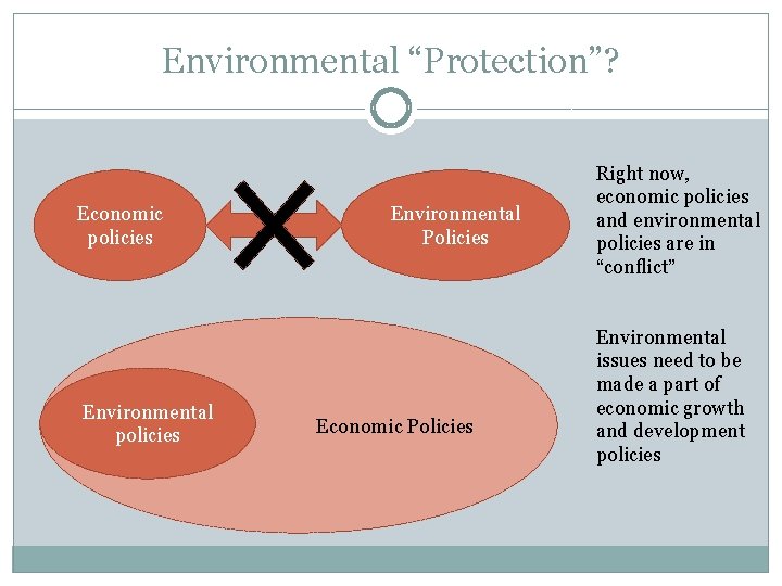 Environmental “Protection”? Economic policies Environmental Policies Economic Policies Right now, economic policies and environmental