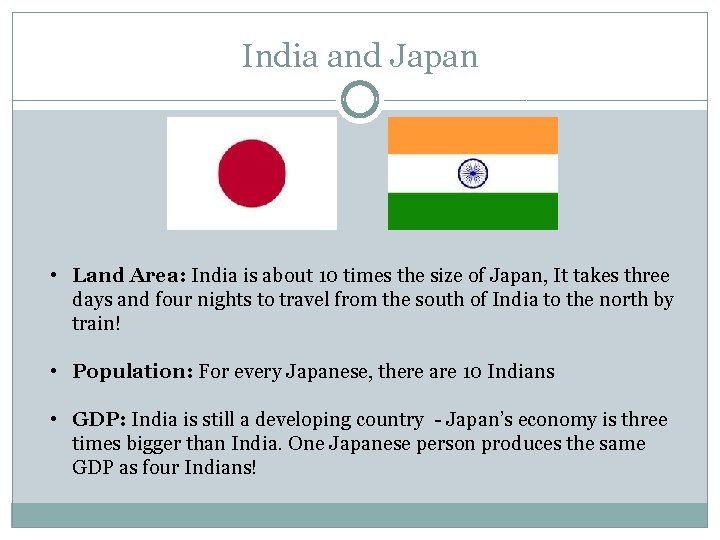 India and Japan • Land Area: India is about 10 times the size of