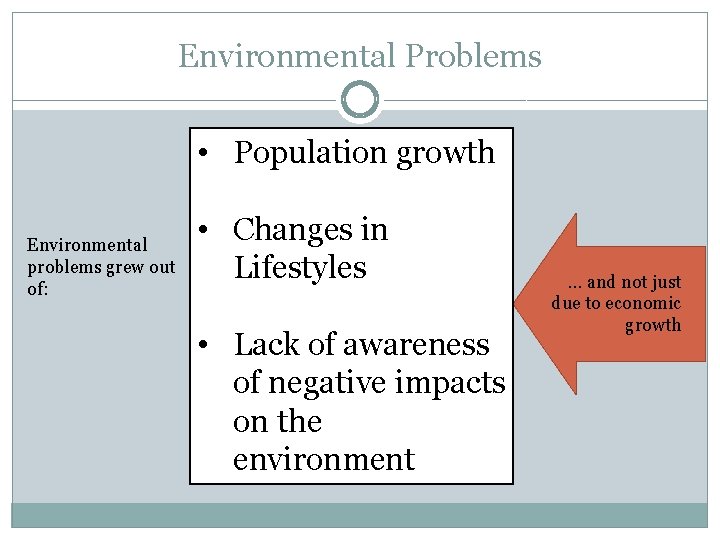 Environmental Problems • Population growth Environmental problems grew out of: • Changes in Lifestyles