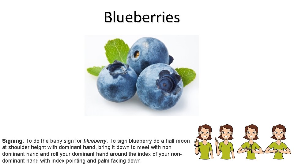 Blueberries Signing: To do the baby sign for blueberry, To sign blueberry do a