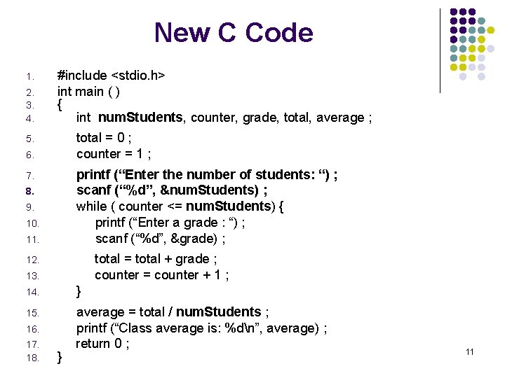 New C Code 1. 2. 3. 4. #include <stdio. h> int main ( )
