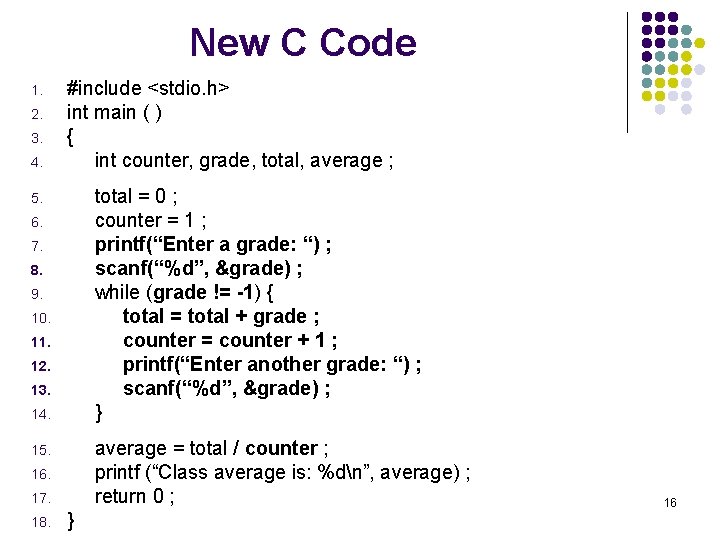 New C Code 1. 2. 3. 4. #include <stdio. h> int main ( )