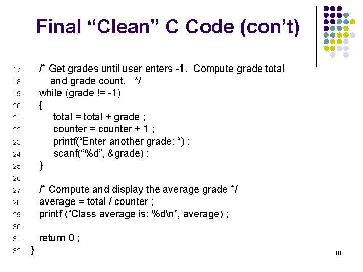 Final “Clean” C Code (con’t) /* Get grades until user enters -1. Compute grade