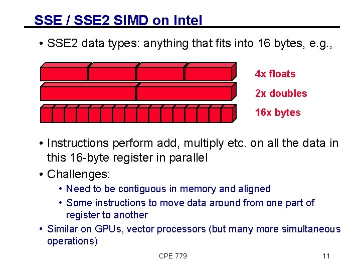 SSE / SSE 2 SIMD on Intel • SSE 2 data types: anything that