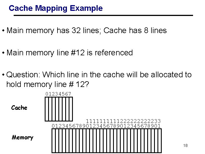 Cache Mapping Example • Main memory has 32 lines; Cache has 8 lines •