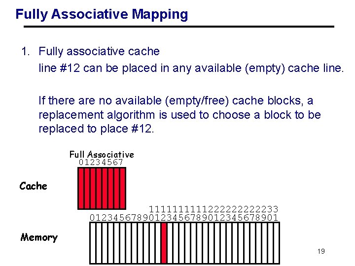 Fully Associative Mapping 1. Fully associative cache line #12 can be placed in any