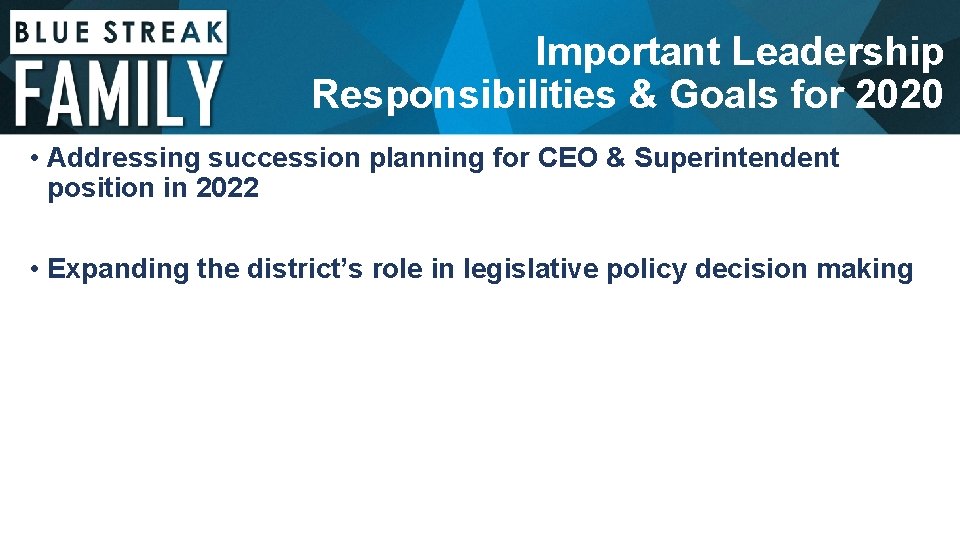 Important Leadership Responsibilities & Goals for 2020 • Addressing succession planning for CEO &
