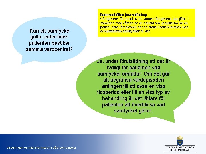 Kan ett samtycke gälla under tiden patienten besöker samma vårdcentral? Sammanhållen journalföring: Vårdgivaren får