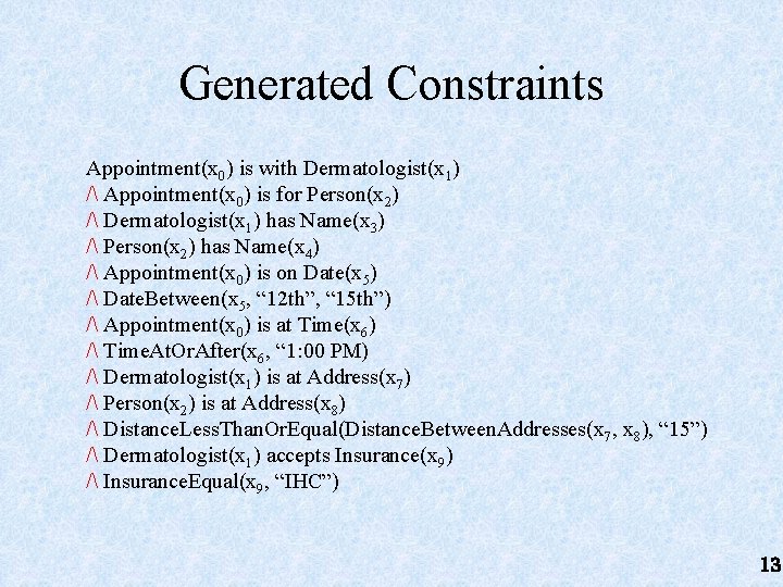 Generated Constraints Appointment(x 0) is with Dermatologist(x 1) / Appointment(x 0) is for Person(x