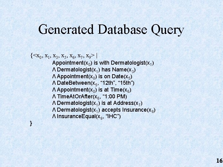 Generated Database Query {<x 0, x 1, x 3, x 5, x 6, x