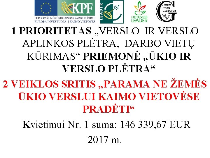 1 PRIORITETAS „VERSLO IR VERSLO APLINKOS PLĖTRA, DARBO VIETŲ KŪRIMAS“ PRIEMONĖ „ŪKIO IR VERSLO