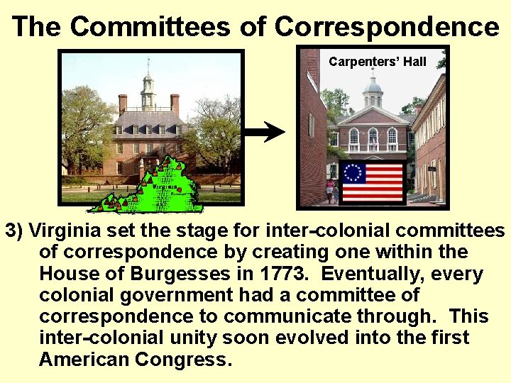 The Committees of Correspondence Carpenters’ Hall 3) Virginia set the stage for inter-colonial committees