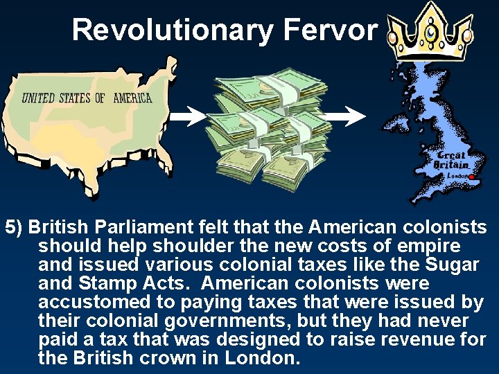 Revolutionary Fervor 5) British Parliament felt that the American colonists should help shoulder the